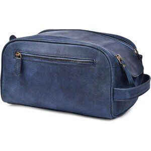Women's Blue Premium Leather Toiletry Travel Pouch Handbag With Waterproof